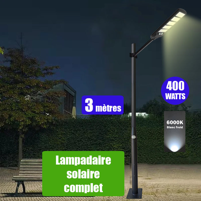 Pack lampadaire solaire complet 3 mètres : Lampe de rue et parking - Série VIEW V2 - 400 Watts - 6000K + Mât STANDARD (V1 EVO ou V4 EVO - Avec trappe) + Adaptateur tête de mât 80/50mm ou Support déporté 45mm