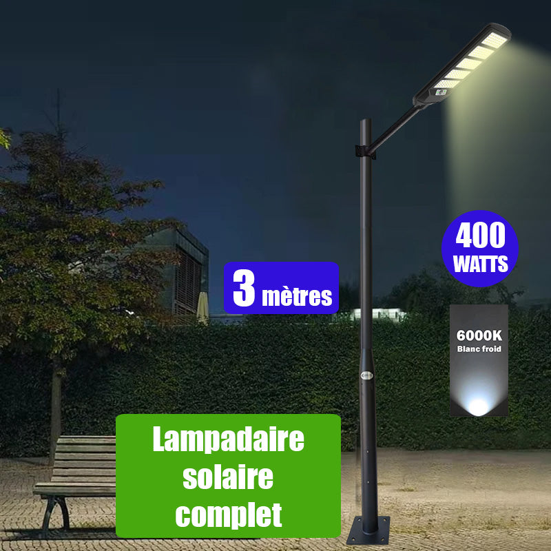 Pack lampadaire solaire complet 3 mètres : Lampe de rue et parking - Série VIEW V2 - 400 Watts - 6000K + Mât STANDARD (V1 EVO ou V4 EVO - Avec trappe) + Adaptateur tête de mât 80/50mm ou Support déporté 45mm