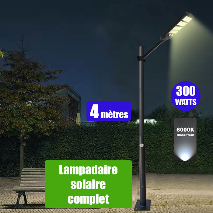 Pack lampadaire solaire complet 4 mètres : Lampe de rue et parking - Série VIEW V2 - 300 Watts - 6000k + Mât STANDARD 4 mètres au choix (Série STANDARD V1 EVO ou Série STANDARD V4 EVO - Avec trappe) + Adaptateur ajustable 80/50mm ou Support déporté 45mm