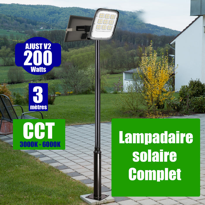 Pack lampadaire complet 3 mètres : Projecteur LED solaire  Série AJUST V2 - Couleur éclairage AJUSTABLE - 200 Watts + Mât STANDARD 3 mètres