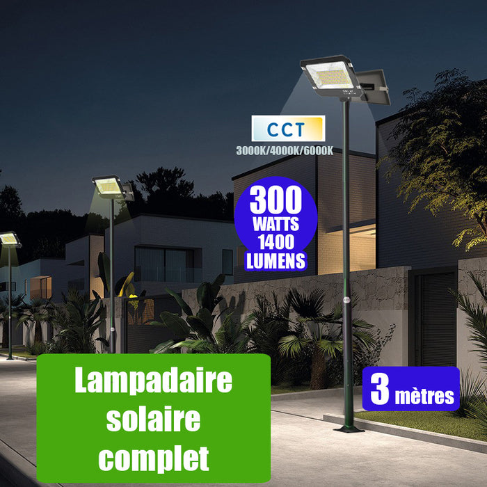 Pack lampadaire solaire complet 3 mètres : Projecteur LED solaire  Série AJUST V3 - CCT - Rendu lumineux 300 Watts - 1400 Lumens + Mât STANDARD (V1 EVO ou V4 EVO - Avec trappe) + Tête de mât rectangulaire