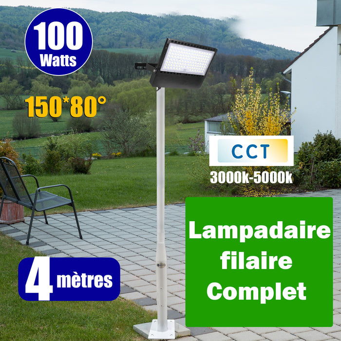 Pack lampadaire filaire complet 4 mètres : Projecteur LED filaire Série CITY PLUS ULTRA - CCT - 100 Watts - 15 000 Lumens  + Mât STANDARD - 4 mètres avec trappe au choix (Série STANDARD V2 EVO ou Série STANDARD V4 EVO) + Tête de mât rectangulaire