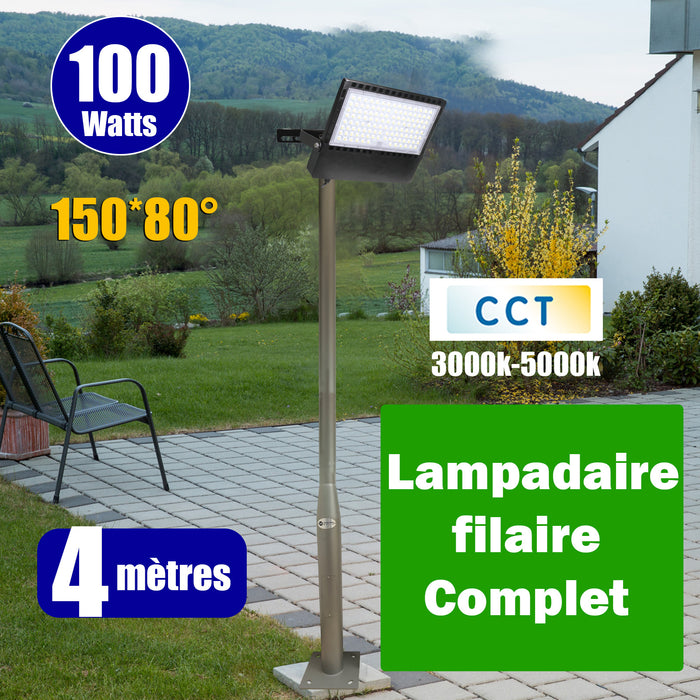 Pack lampadaire filaire complet 4 mètres : Projecteur LED filaire Série CITY PLUS ULTRA - CCT - 100 Watts - 15 000 Lumens  + Mât STANDARD - 4 mètres avec trappe au choix (Série STANDARD V2 EVO ou Série STANDARD V4 EVO) + Tête de mât rectangulaire