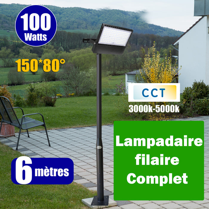Pack lampadaire filaire complet 6 mètres : Projecteur LED filaire Série CITY PLUS ULTRA - CCT - 100 Watts - 15 000 Lumens  + Mât STANDARD - 6 mètres avec trappe au choix (Série STANDARD V2 EVO ou Série STANDARD V4 EVO) + Tête de mât rectangulaire