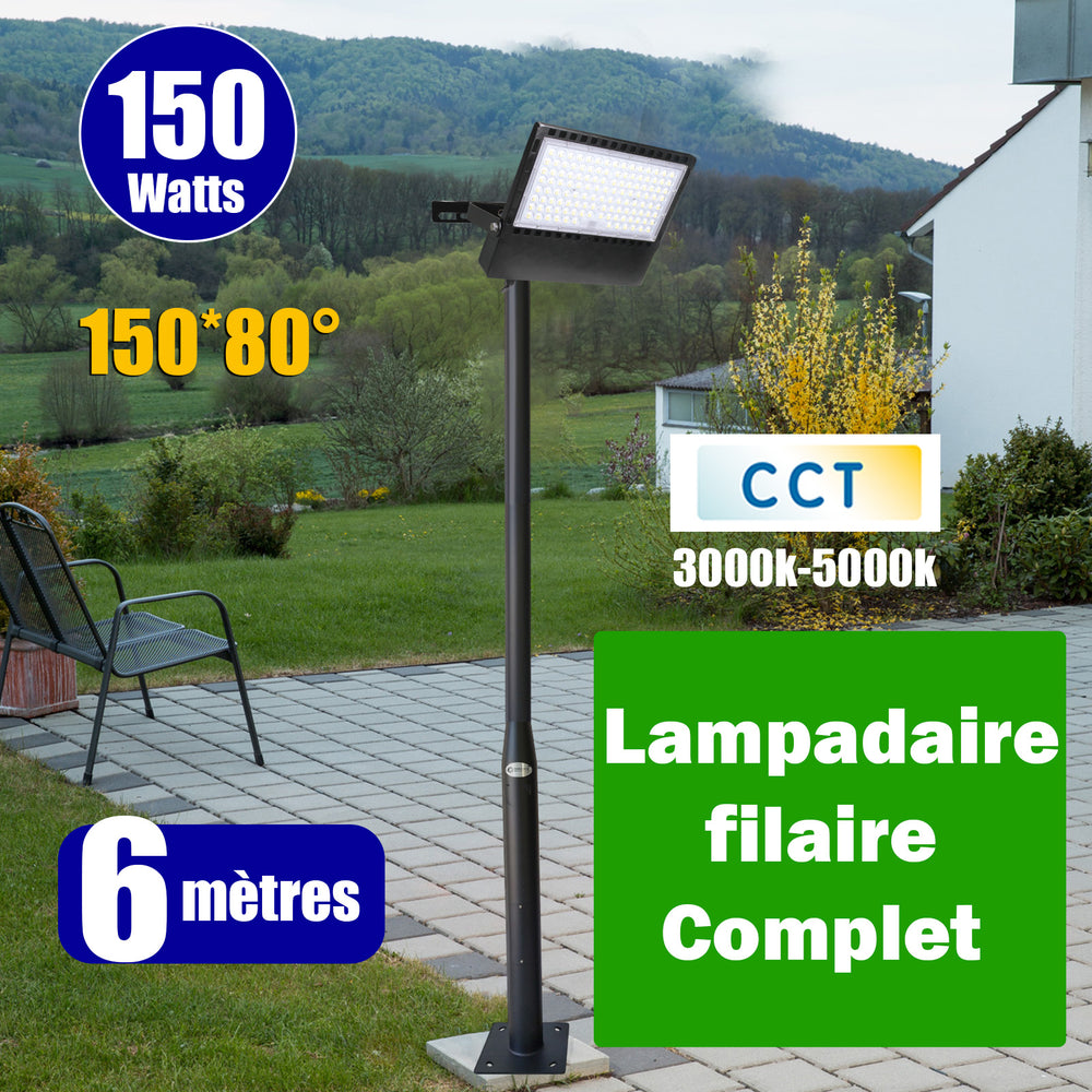 Pack lampadaire filaire complet 6 mètres : Projecteur LED filaire - Série CITY PLUS ULTRA - CCT - 150 Watts - 22 500 Lumens + Mât STANDARD - 6 mètres avec trappe au choix (Série STANDARD V2 EVO ou Série STANDARD V4 EVO) + Tête de mât rectangulaire