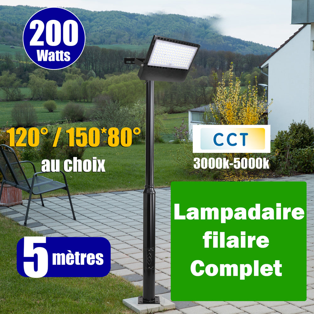 Pack lampadaire complet 5 mètres : Projecteur LED filaire Série CITY PLUS ULTRA 200 Watts CCT + Mât STANDARD - 5 mètres