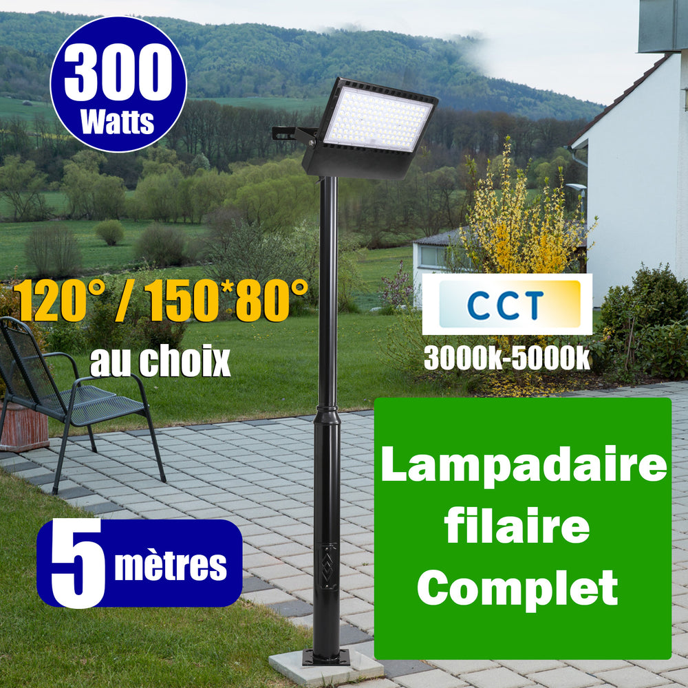 Pack lampadaire complet 5 mètres : Projecteur LED filaire Série CITY PLUS ULTRA 300 Watts CCT + Mât STANDARD - 5 mètres