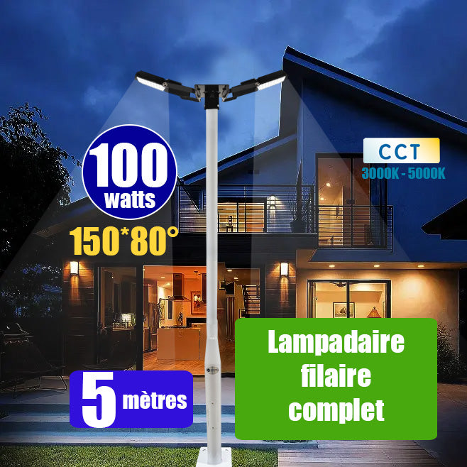 Pack lampadaire filaire complet double tête 5 mètres : 2x Projecteurs LED filaires Série CITY PLUS ULTRA - CCT - 100 Watts + Mât STANDARD - 5 mètres avec trappe au choix (Série STANDARD V2 EVO ou Série STANDARD V4 EVO) + Tête de mât rectangulaire