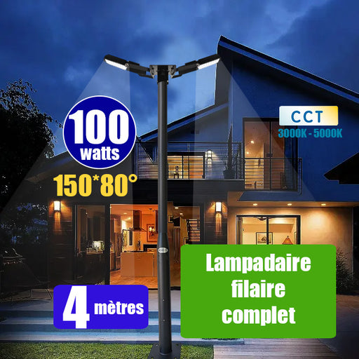 Pack lampadaire filaire complet double tête 4 mètres : 2x Projecteurs LED filaires Série CITY PLUS ULTRA - CCT - 100 Watts + Mât STANDARD - 4 mètres avec trappe au choix (Série STANDARD V2 EVO ou Série STANDARD V4 EVO) + Tête de mât rectangulaire
