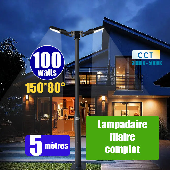 Pack lampadaire filaire complet double tête 5 mètres : 2x Projecteurs LED filaires Série CITY PLUS ULTRA - CCT - 100 Watts + Mât STANDARD - 5 mètres avec trappe au choix (Série STANDARD V2 EVO ou Série STANDARD V4 EVO) + Tête de mât rectangulaire