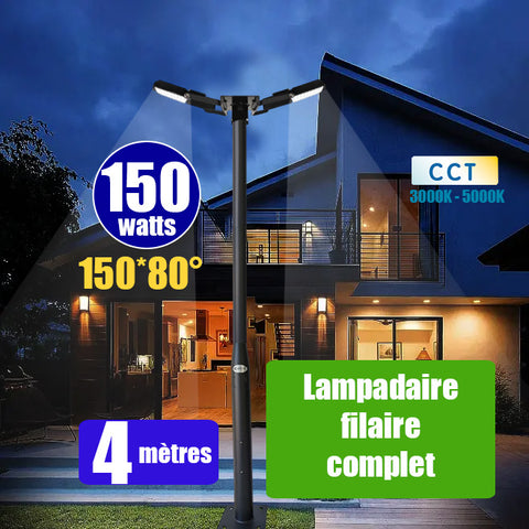 Pack lampadaire filaire complet double tête 4 mètres : 2x Projecteurs LED filaires - Série CITY PLUS ULTRA - CCT - 150 Watts + Mât STANDARD V4 EVO - 4 mètres avec trappe  + Tête de mât rectangulaire