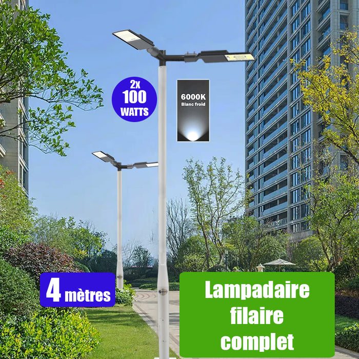 Pack lampadaire filaire complet double tête 4 mètres : 2x Lampes filaires Série FLEX V2 - 100 Watts - 6000k + Mât STANDARD - 4 mètres avec trappe au choix (STANDARD V2 EVO ou STANDARD V4 EVO) + Double tête de mât en ligne ou perpendiculaire
