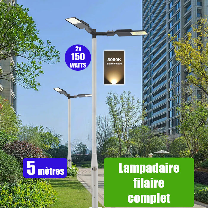 Pack lampadaire complet double tête 5 mètres : 2x Lampes LED filaires Série FLEX V2 - 150 Watts - 3000k + Mât STANDARD - 5 mètres avec trappe au choix (STANDARD V2 EVO ou STANDARD V4 EVO) + Double tête de mât en ligne ou perpendiculaire