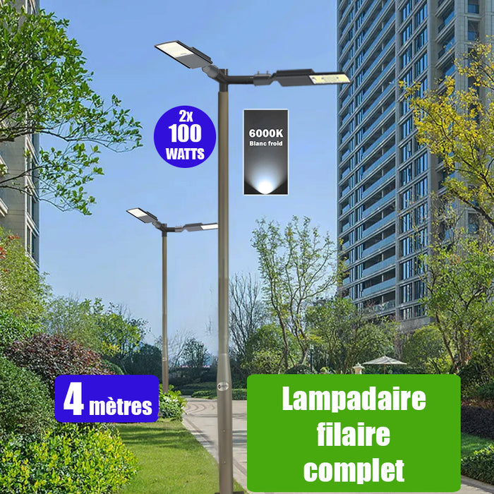 Pack lampadaire filaire complet double tête 4 mètres : 2x Lampes filaires Série FLEX V2 - 100 Watts - 6000k + Mât STANDARD - 4 mètres avec trappe au choix (STANDARD V2 EVO ou STANDARD V4 EVO) + Double tête de mât en ligne ou perpendiculaire