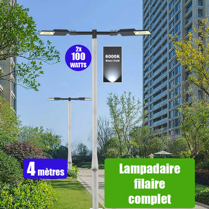 Pack lampadaire filaire complet double tête 4 mètres : 2x Lampes filaires Série FLEX V2 - 100 Watts - 6000k + Mât STANDARD - 4 mètres avec trappe au choix (STANDARD V2 EVO ou STANDARD V4 EVO) + Double tête de mât en ligne ou perpendiculaire