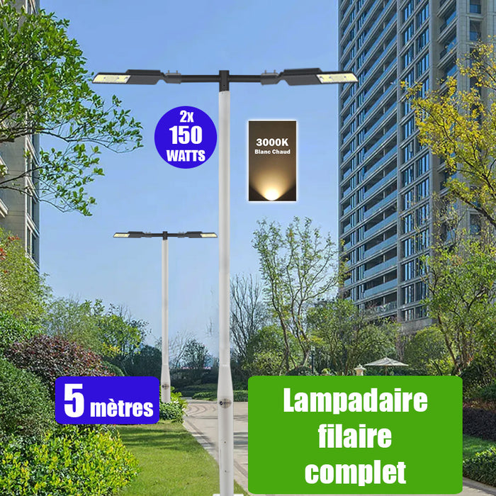 Pack lampadaire complet double tête 5 mètres : 2x Lampes LED filaires Série FLEX V2 - 150 Watts - 3000k + Mât STANDARD - 5 mètres avec trappe au choix (STANDARD V2 EVO ou STANDARD V4 EVO) + Double tête de mât en ligne ou perpendiculaire