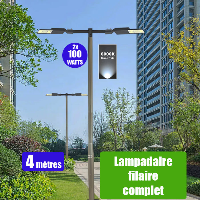 Pack lampadaire filaire complet double tête 4 mètres : 2x Lampes filaires Série FLEX V2 - 100 Watts - 6000k + Mât STANDARD - 4 mètres avec trappe au choix (STANDARD V2 EVO ou STANDARD V4 EVO) + Double tête de mât en ligne ou perpendiculaire