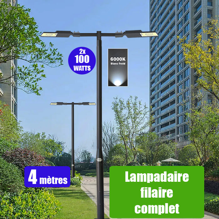 Pack lampadaire filaire complet double tête 4 mètres : 2x Lampes filaires Série FLEX V2 - 100 Watts - 6000k + Mât STANDARD - 4 mètres avec trappe au choix (STANDARD V2 EVO ou STANDARD V4 EVO) + Double tête de mât en ligne ou perpendiculaire