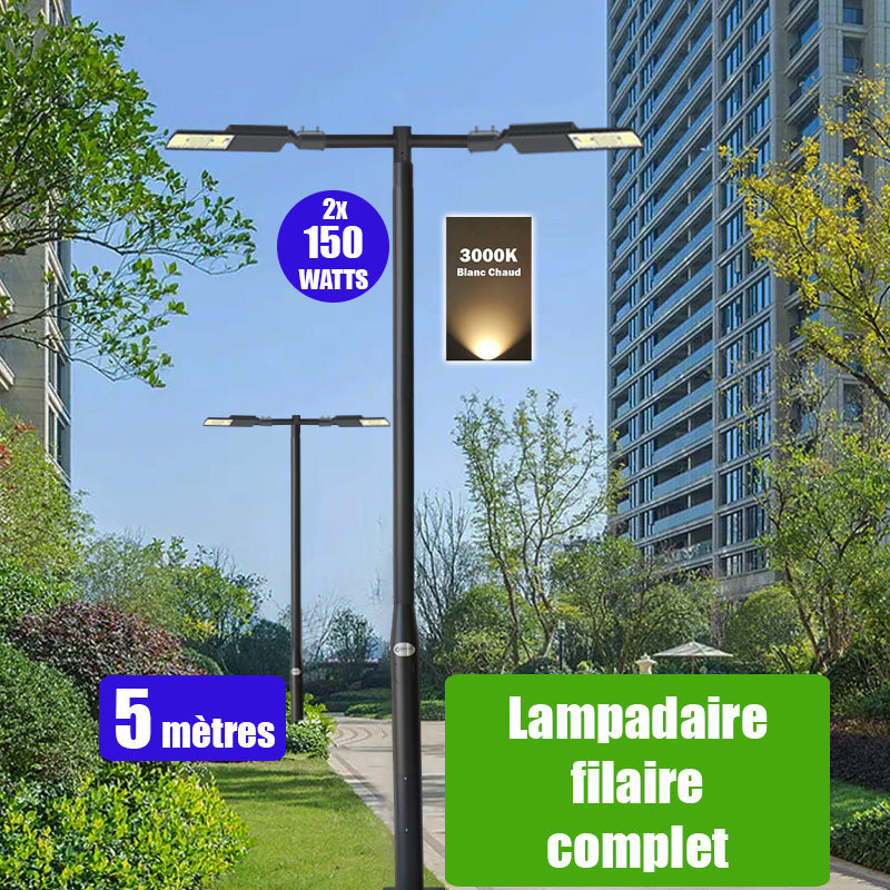 Pack lampadaire complet double tête 5 mètres : 2x Lampes LED filaires Série FLEX V2 - 150 Watts - 3000k + Mât STANDARD - 5 mètres avec trappe au choix (STANDARD V2 EVO ou STANDARD V4 EVO) + Double tête de mât en ligne ou perpendiculaire