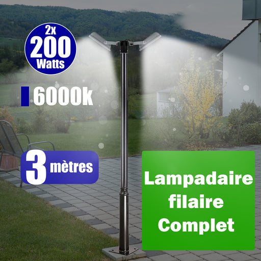Pack lampadaire filaire complet double tête 3 mètres : Projecteur LED filaire Série PERLE V2 - 2x 200 Watts - 6000k + Mât STANDARD - 3 mètres avec trappe
