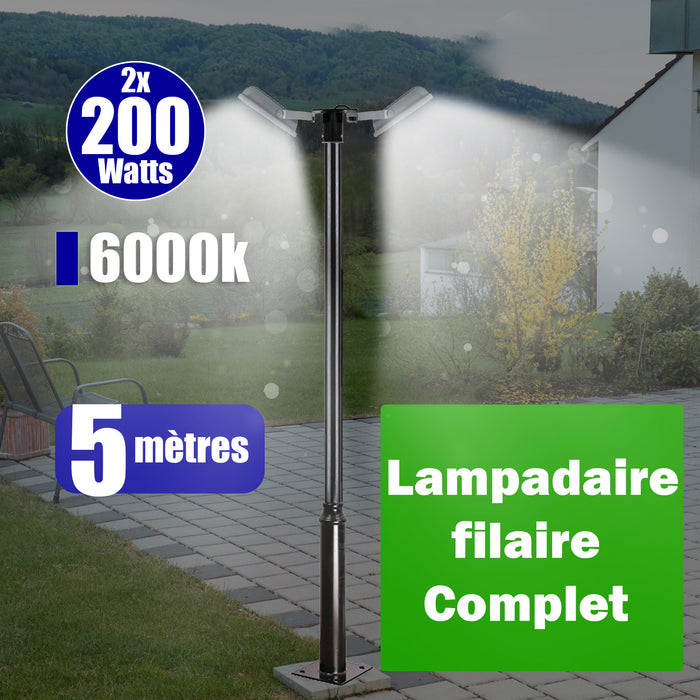 Pack lampadaire filaire complet double tête 5 mètres : Projecteur LED filaire Série PERLE V2 2x 200 Watts - 6000k + Mât STANDARD 5 mètres avec trappe