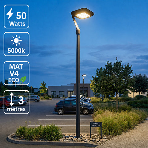 Pack lampadaire filaire complet 3 mètres : Lampe filaire - Série OVALI ALEN - 50 Watts - 5000k + Mât STANDARD V4 ECO 3 mètres NOIR avec trappe - Entraxe latéral des trous 160mm