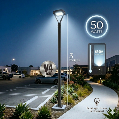 Pack lampadaire filaire complet 3 mètres : Lampe jardin / Parking - Série OVALI  V3 - 50 Watts - 6500K + Mât STANDARD V4 ECO 3 mètres NOIR avec trappe - Entraxe latéral des trous 160mm - Capteur crépusculaire en option