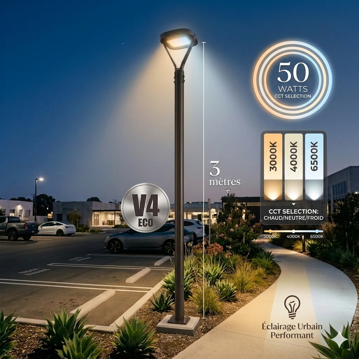 Pack lampadaire filaire complet 3 mètres : Lampe jardin / Parking - Série OVALI  V3 CCT - 50 Watts + Mât STANDARD V4 ECO 3 mètres NOIR avec trappe - Entraxe latéral des trous 160mm - Capteur crépusculaire en option