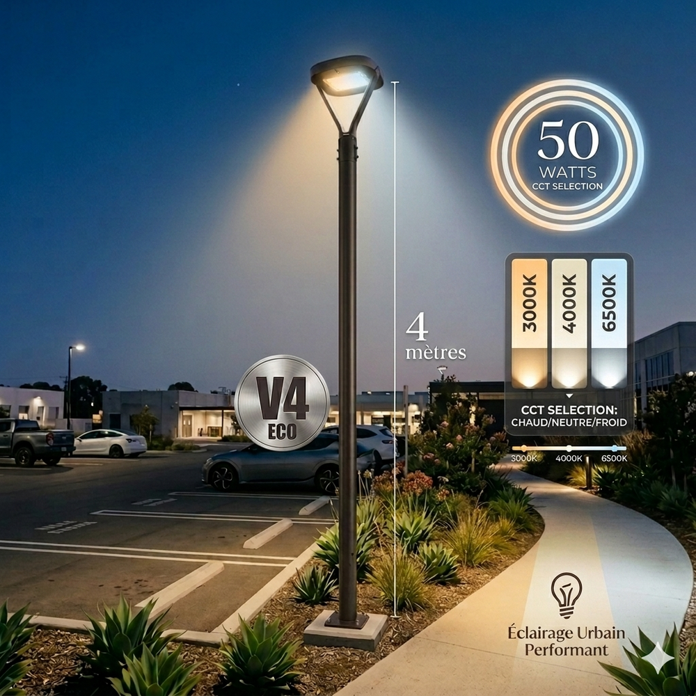 Pack lampadaire filaire complet 4 mètres : Lampe jardin / Parking - Série OVALI  V3 CCT - 50 Watts + Mât STANDARD V4 ECO 4 mètres NOIR avec trappe - Entraxe latéral des trous 160mm - Capteur crépusculaire en option