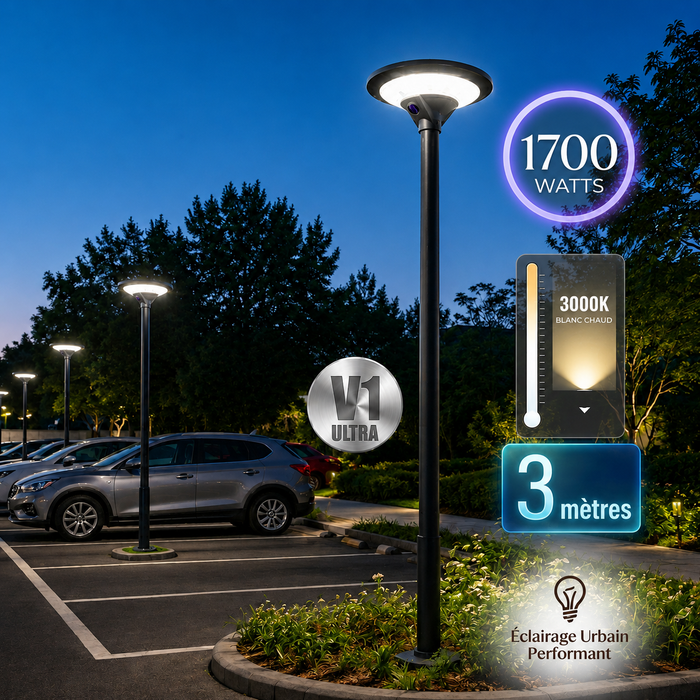 Pack lampadaire solaire complet 3 mètres : Lampe d'extérieur solaire - Série OVNI EVO - 1700 watts - 5100 Lumens - 3000k + Mât STANDARD V1 ULTRA - Avec trappe
