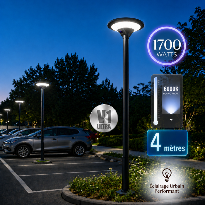 Pack lampadaire solaire complet 4 mètres : Lampe d'extérieur solaire - Série OVNI EVO - 1700 watts - 5100 Lumens - 6000k + Mât STANDARD V1 ULTRA - Avec trappe