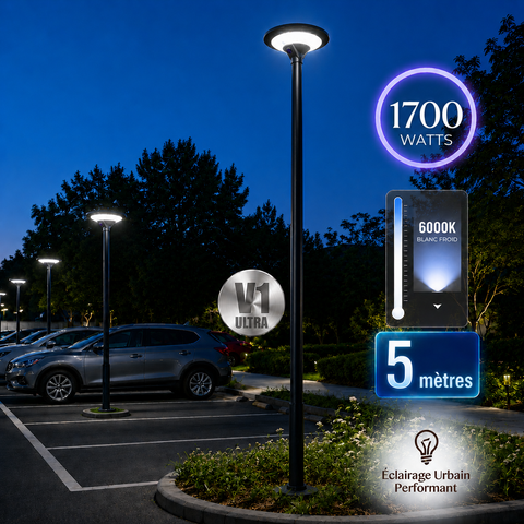 Pack lampadaire solaire complet 5 mètres : Lampe d'extérieur solaire - Série OVNI EVO - 1700 watts - 5100 Lumens - 6000k + Mât STANDARD (V1 ULTRA - Avec trappe)