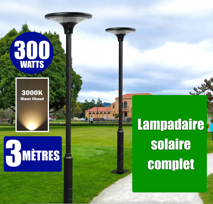 Pack lampadaire complet 3 mètres : Lampe solaire Série OVNI SUN FLOWER 300 3000K + Mât STANDARD 3 mètres + Adaptateur 60/80 mm