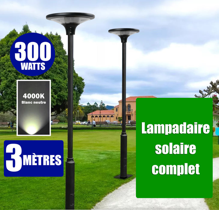 Pack lampadaire complet 3 mètres : Lampe solaire Série OVNI SUN FLOWER 300 4000K + Mât STANDARD 3 mètres + Adaptateur 60/80 mm