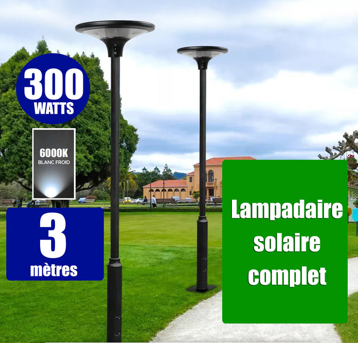 Pack lampadaire complet 3 mètres : Lampe solaire Série OVNI SUN FLOWER 300 6000K + Mât STANDARD 3 mètres + Adaptateur 60/80 mm