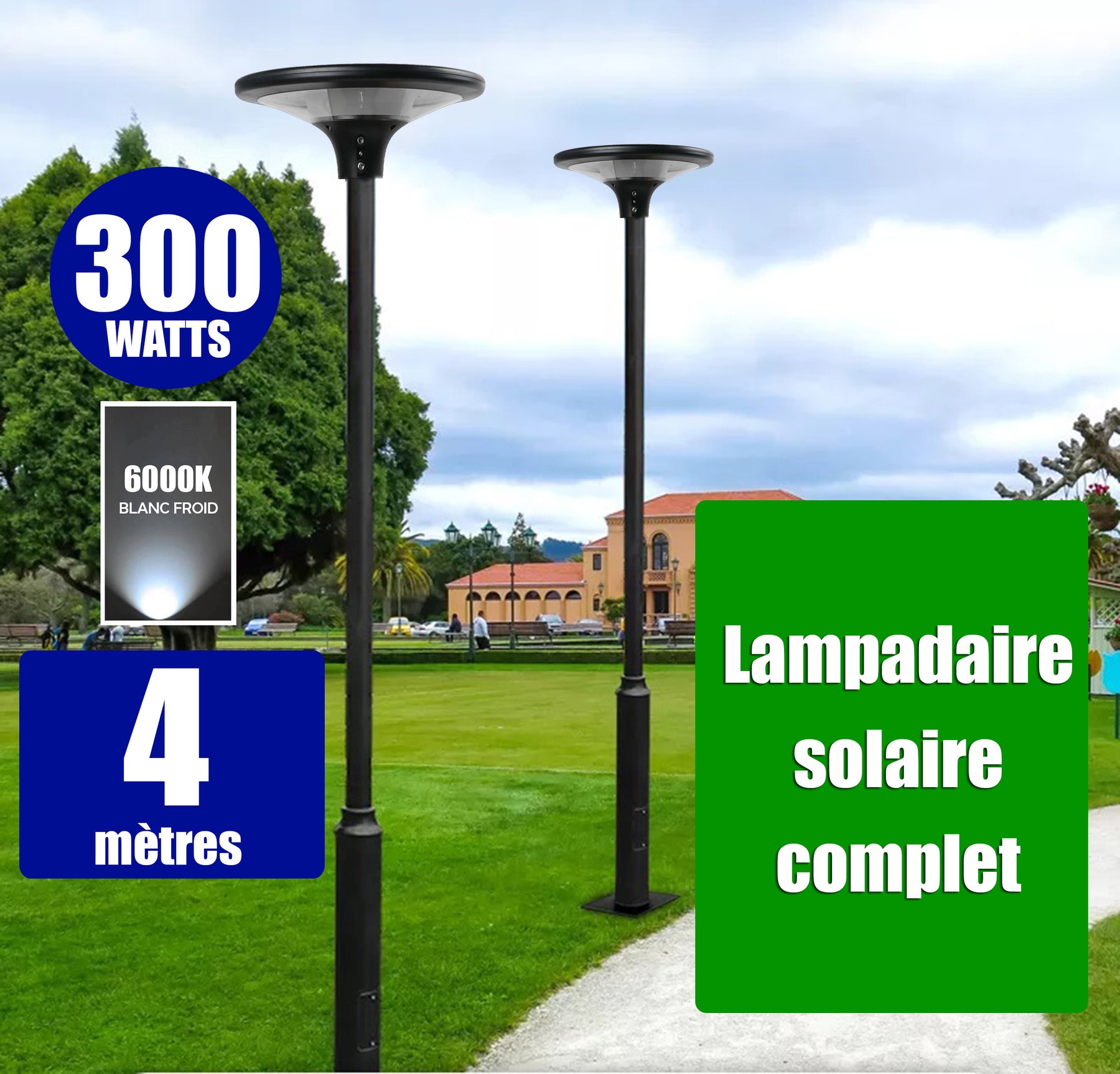 Pack lampadaire complet 4 mètres : Lampe solaire Série OVNI SUN FLOWER 300 6000K + Mât STANDARD 4 mètres + Adaptateur 60/80 mm