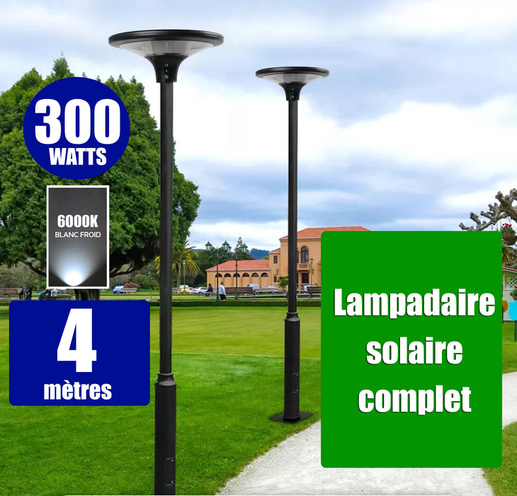 Pack lampadaire complet 4 mètres : Lampe solaire Série OVNI SUN FLOWER 300 6000K + Mât STANDARD 4 mètres + Adaptateur 60/80 mm