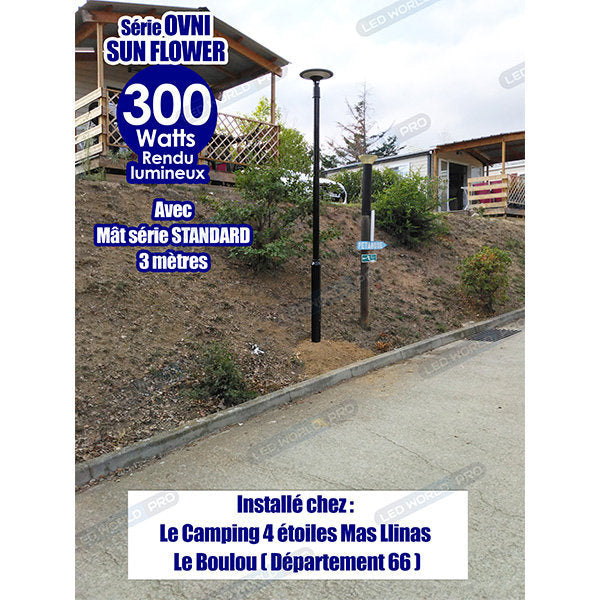 Pack lampadaire complet 6 mètres : Lampe solaire Série OVNI SUN FLOWER 300 3000K + Mât STANDARD (V1 EVO ou V4 EVO - Avec trappe) + Adaptateur 60/80 mm