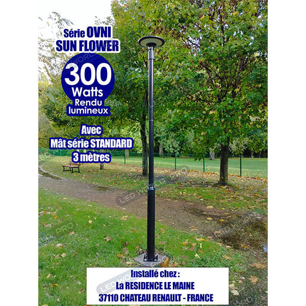 Pack lampadaire complet 6 mètres : Lampe solaire Série OVNI SUN FLOWER 300 3000K + Mât STANDARD (V1 EVO ou V4 EVO - Avec trappe) + Adaptateur 60/80 mm