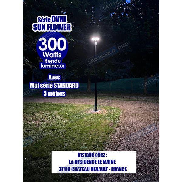 Pack lampadaire complet 6 mètres : Lampe solaire Série OVNI SUN FLOWER 300 3000K + Mât STANDARD (V1 EVO ou V4 EVO - Avec trappe) + Adaptateur 60/80 mm