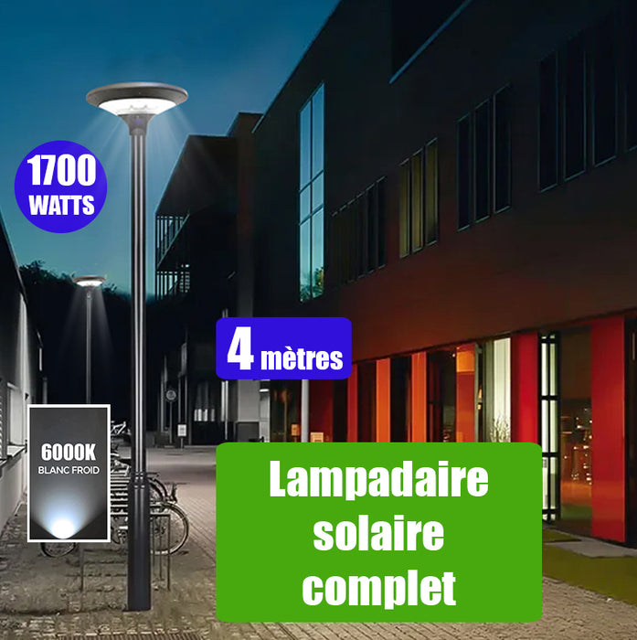 Pack lampadaire solaire complet 4 mètres : Lampe d'extérieur solaire - Série OVNI EVO - 1700 watts - 5100 Lumens - 6000k + Mât STANDARD (V1 EVO ou V4 EVO - Avec trappe)
