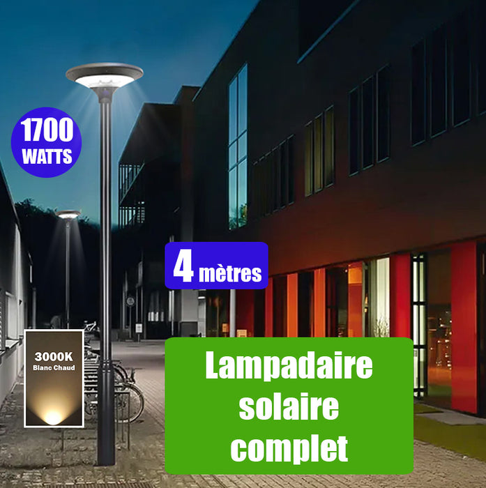 Pack lampadaire solaire complet 4 mètres : Lampe d'extérieur solaire - Série OVNI EVO - 1700 watts - 5100 Lumens - 3000k + Mât STANDARD (V1 EVO ou V4 EVO - Avec trappe)