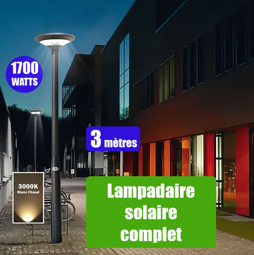 Pack lampadaire solaire complet 3 mètres : Lampe d'extérieur solaire - Série OVNI EVO - 1700 watts - 5100 Lumens - 3000k + Mât STANDARD (V1 EVO ou V4 EVO - Avec trappe)