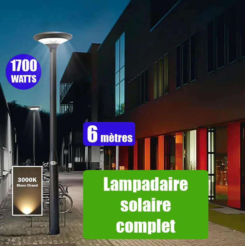Pack lampadaire solaire complet 6 mètres : Lampe d'extérieur solaire - Série OVNI EVO - 1700 watts - 5100 Lumens - 3000k + Mât STANDARD (V1 EVO ou V4 EVO - Avec trappe)