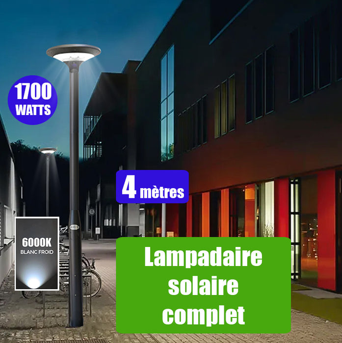 Pack lampadaire solaire complet 4 mètres : Lampe d'extérieur solaire - Série OVNI EVO - 1700 watts - 5100 Lumens - 6000k + Mât STANDARD (V1 EVO ou V4 EVO - Avec trappe)