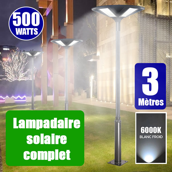 Pack lampadaire complet 3 mètres : Lampe solaire Série OVNI HERCULE 500 Watts - 2200 lumens - 6000K - Angle 360° + Mât STANDARD 3 mètres  (V1 EVO ou V4 EVO - Avec trappe)
