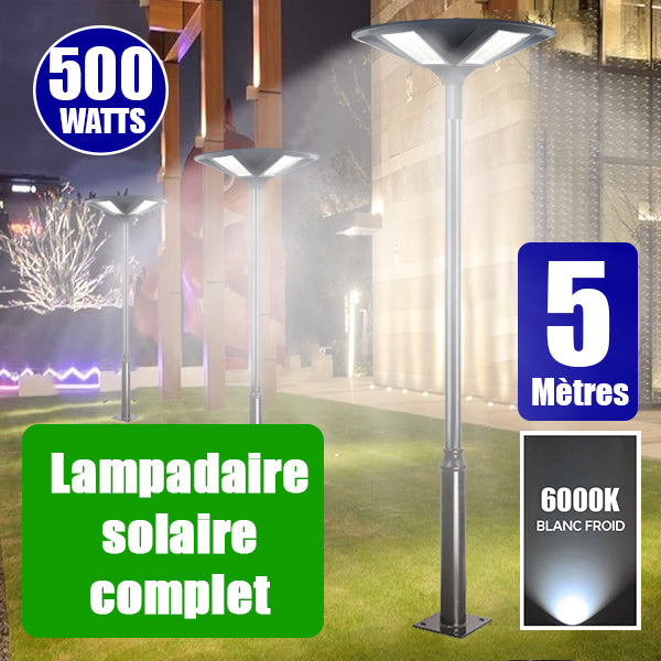 Pack lampadaire complet 5 mètres : Lampe solaire Série OVNI HERCULE 500 Watts - 2200 lumens - 6000K - Angle 360° + Mât STANDARD 5 mètres (V1 EVO ou V4 EVO - Avec trappe)