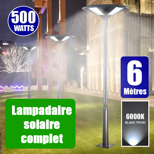 Pack lampadaire complet 6 mètres : Lampe solaire Série OVNI HERCULE 500 Watts - 2200 lumens - 6000K - Angle 360° + Mât STANDARD 6 mètres (V1 EVO ou V4 EVO - Avec trappe)