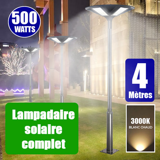 Pack lampadaire complet 4 mètres : Lampe solaire Série OVNI HERCULE 500 Watts - 2200 lumens - 3000K - Angle 360° + Mât STANDARD 4 mètres (V1 EVO ou V4 EVO - Avec trappe)