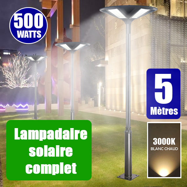 Pack lampadaire complet 5 mètres : Lampe solaire Série OVNI HERCULE 500 Watts - 2200 lumens - 3000K - Angle 360° + Mât STANDARD 5 mètres (V1 EVO ou V4 EVO - Avec trappe)